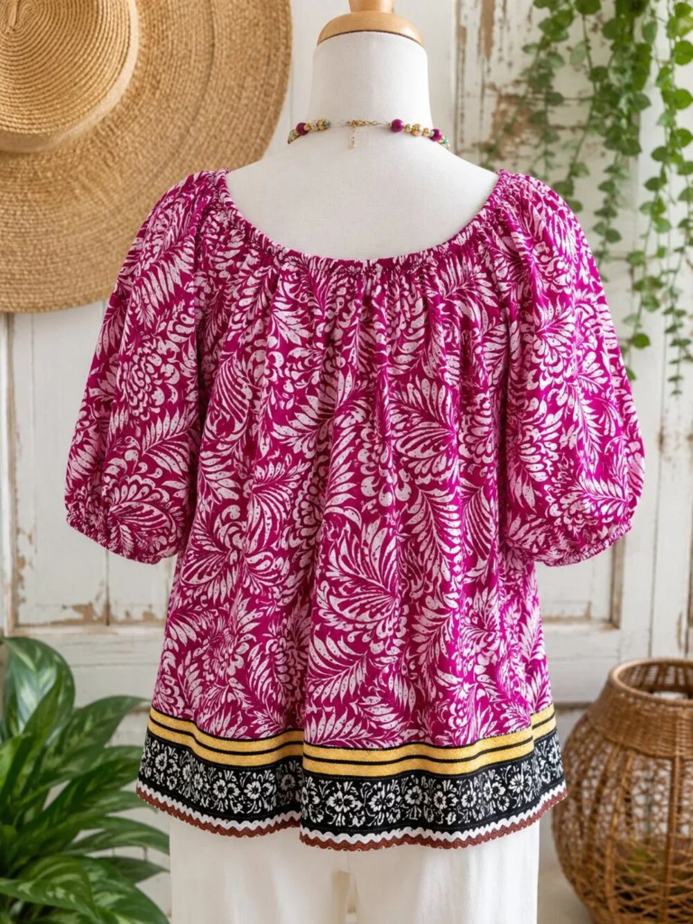 LOFT Brand Petite Palm Bubble Sleeve Square Neck Blouse Magenta/Multi Size LP
